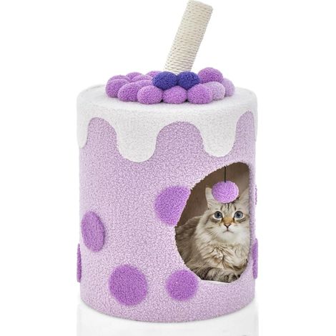 GOPLUS Arbre à Chat Boba Tea Cup 67cm,Griffoir, Balle Suspendue, Maison de Luxe pour Chat avec Coussin Doux, Violet et Blanc