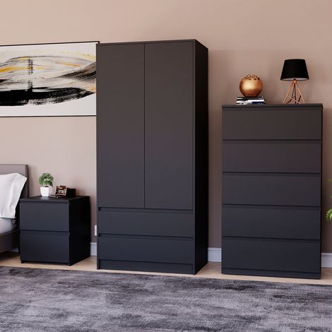 3 Piece Denver Bedroom Set, 2 Drawer Large Bedside Chest, 5 Drawer Chest, 2 Door 2 Drawer Wardrobe, Black (1/2)