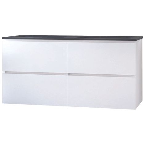 ONDEE ZEN - Meuble salle de bain à suspendre TRENDY - 120cm -4 tiroirs - Blanc mat- Plan noir