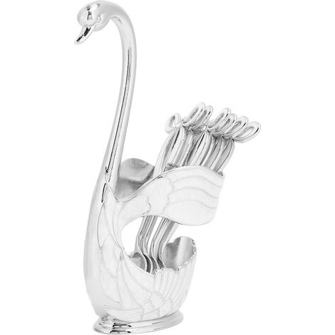 Ensemble de cuillères à café et dessert style européen élégant avec porte-cuillères à fruits en forme de cygne, vaisselle décorative en argent (1/5)