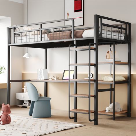 Letti a soppalco 90x200cm, letto in metallo con struttura anticaduta e scrivania, senza materasso, nero, letto singolo