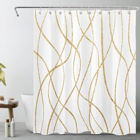Abstrait Rideaux de Douche 150x200cm(LxH) Rayures dorées Rideaux de Bain avec Crochets, Blanc géométrique Moderne Extra Longue Imperméable Polyester Anti Moule Salle de Bain Décor (1/5)