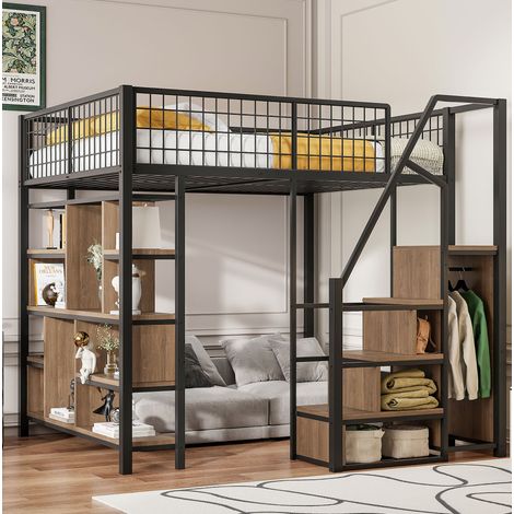 Hochbett 140x200 cm schwarz aus Metall und Holz mit Stauraumtreppe und offenem Funktionsbereich (1/5)