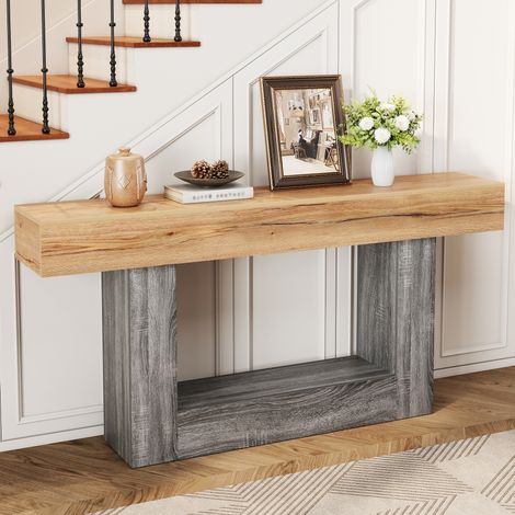 Consolle fissa bicolore stile Wabi-Sabi 160 cm - tavolo da ingresso o comodino in legno chiaro e grigio con doppio ripiano e struttura a U