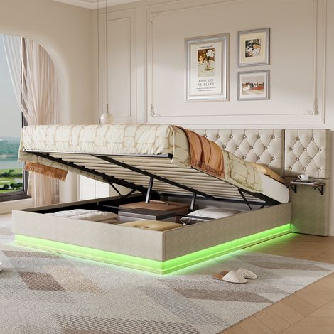 Lit coffre 140x200, lit double capitonné avec LED RGB et chargeur sans fil pour adulte chambre, tissu lin de style avec tablettes de chevet, Beige (1/5)