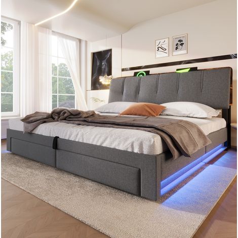 Lit coffre 180x200 cm - Avec tête de lit avec LED, USB et Type C - Avec 2 tiroirs - En lin - Gris - Sans matelas (1/5)