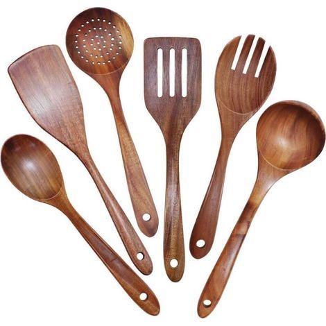 Lot de 6 Ustensiles de Cuisine en Bois de Teck Naturel - Grande Taille, Antiadhésifs, Cuillères, Spatule, Passoire - Durables (1/5)