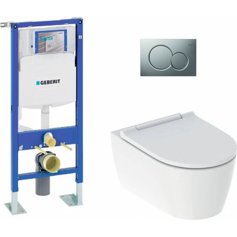Geberit – Pack complet WC suspendu TurboFlush – Cuvette ONE sans bride – Bâti-support UP320 – Plaque chromée mat – Chasse d'eau 6/3L