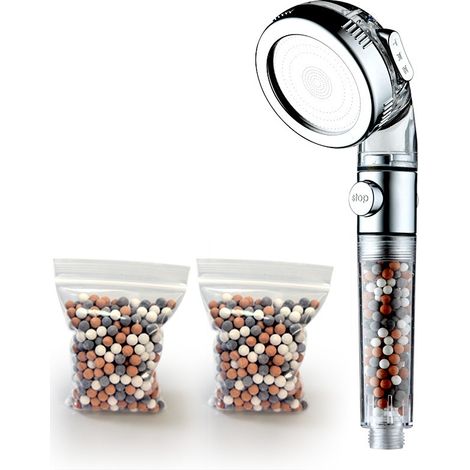 Pommeau de douche haute pression portatif avec filtre en coton PP et fonction ions négatifs — inclut deux sachets de pierres filtrantes. (1/5)