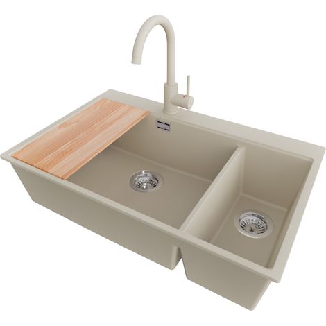 PRIMAGRAN Evier Cuisine en Granit 78x50cm, Lavabo 2 bacs + Robinet 32x20cm + Kit de Vidage + Accessoire, Évier à Encastrer au meuble 80cm - Oslo Duo, Beige (1/5)