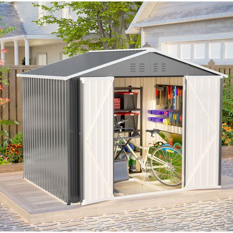Abri de jardin en métal gris avec porte large rabattable, ventilations, cadre de base stable, 229,4 x 180 x 192,3 cm (1/5)