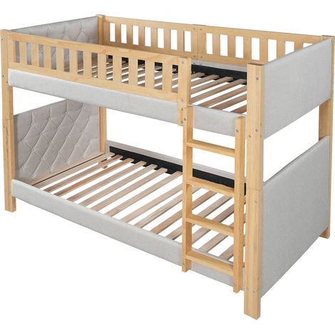 CAIziLit superposé, lit pour enfant, bord en éponge anti-collision souple, escalier droit à quatre marches, sommiers à lattes stables, bois d’hévéa + MDF, gris + naturel, 90x200cm (1/5)
