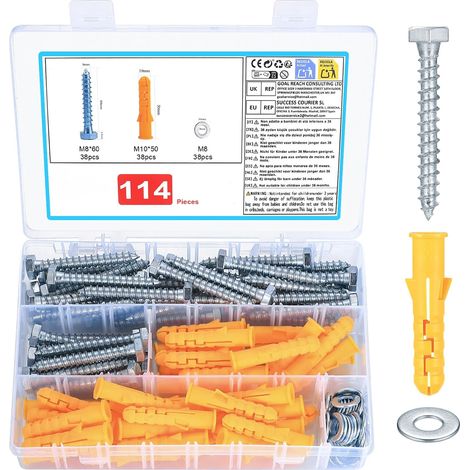 Lot de 114 Chevilles Béton - Acier Carbone et Plastique - Fixation Murale Solide - Brique Pierre Extérieur - M8x60mm et M10x50mm (1/5)