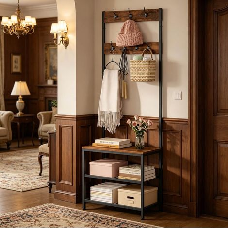 Appendiabiti con panca 60x31.5x170 cm marrone rustico in metallo e legno con scarpiera 3 in 1 (1/5)