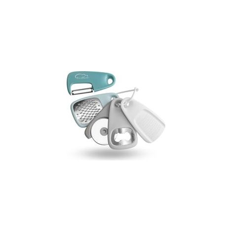 Set aus 5 Küchenutensilien: Käsereibe, Flaschenöffner, Obst- und Gemüseschäler, Pizzaschneider, Kaffeemühle, Campingzubehör. - Crezuo