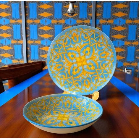 Servizio di Piatti da Tavola in Ceramica Tipo Vietri Giallo e Turchese 12 Pezzi (1/3)