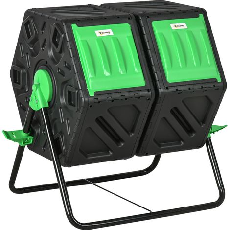 Doppelkammer-Kompostbehälter mit 360°-Drehung, 130 l, Stahl, schwarzes PP, 67 x 60 x 77 cm