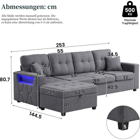 Modulares Ecksofa 253 x 144,5 x 80,7 cm aus grauem Leinenstoff mit Stauraum – MEUBLIV (1/5)