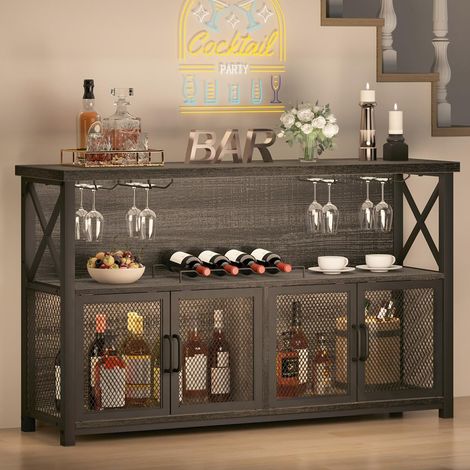 Meuble de bar à vin pour liqueurs et verres, buffet avec support de rangement, bar pour la maison, la cuisine, la salle à manger, le salon, chêne gris foncé, 119,4 cm (1/5)