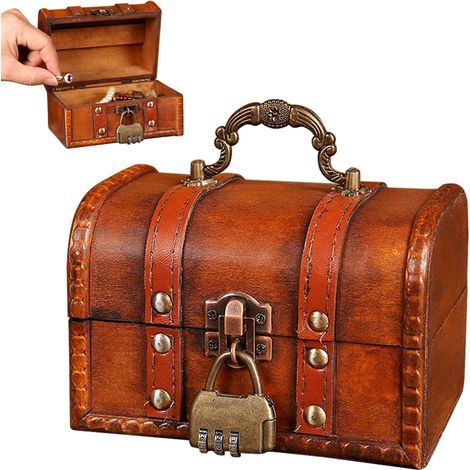 Coffre Trésor Vintage en Bois, Boite avec Cadenas Pirate, Coffre en bois de pirate, Coffre fort Enfant Bois a Code Boîte à Bijoux avec Couvercle Pour Enfant Tirelire (Braun(14.5x10x10cm)) (1/5)