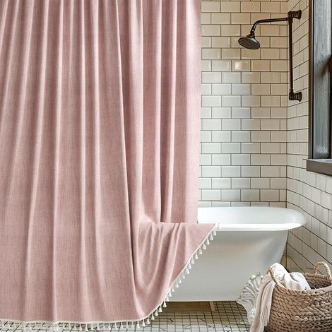 Rideau de douche minimaliste de style nordique, en tissu épais aspect lin, imperméable et résistant à la moisissure, 183183 cm, rose. (1/5)