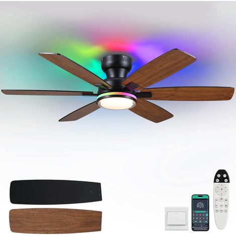 Ventilateur de plafond rustique 132 cm avec lumière RGB, bas profil encastrable, télécommande et APP, réversible 6 pales en bois double face, anneau lumineux RGB dimmable pour chambre d’enfant, marron (1/5)