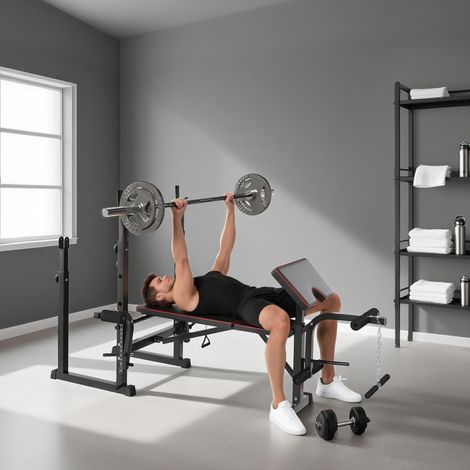 Banco de Pesas con Soportes para Barra y Respaldo Ajustable para Entrenamiento Completos de Cuerpo Negro (1/5)