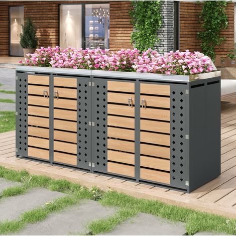 Armario para cubos de basura gris y madera en acero con jardinera y 4 puertas con cierre (1/5)