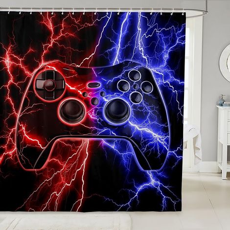 Rideau Douche 180x200cm Gaming, Rideaux de Douche Gamer, Rideau de Baignoire Consoles de Jeux Vidéo, Rideaux Salle de Bain Rouge Bleu Lightning,Décor de Jeu - 180L X 200H cm (1 Panneaux) (1/5)
