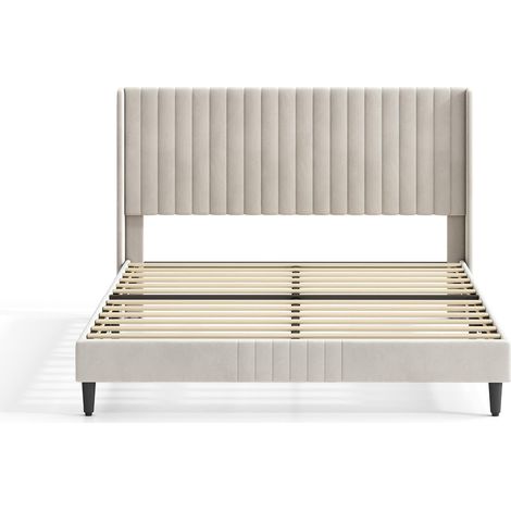 Upholstered Bed Frame with Cozy Button Tufted Headboard & Adjustable Height, Wood Slat Support CHARLIE KING BEIGE (1/5)