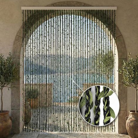 Tenda a Fili con Foglie Verdi per Porta e Finestra - Asta PVC e Fili Poliestere Decorativi Cm. 100x220