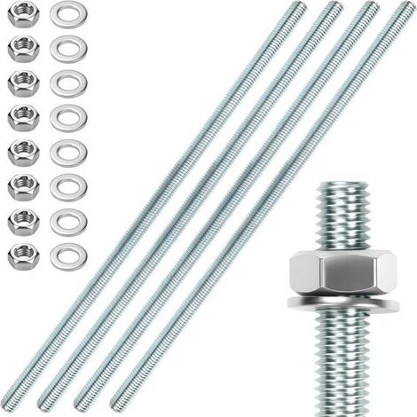 4 Stück M10 Gewindestangen aus Zink, M10 x 300 mm, komplett mit Muttern und Unterlegscheiben, silberfarben (1/5)