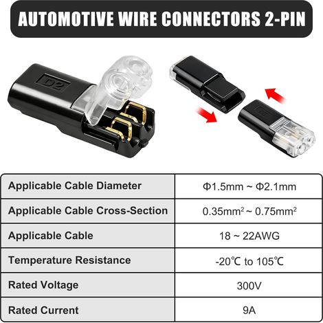 Lot de 40 Connecteurs de Câble Étanches 2 Broches, Connecteur Electrique 2 Fils Rapide pour Câbles 18–22 AWG, Connecteur Rapide Electrique 2 Broches Push Fit pour Automobile Éclairage LED (1/2)