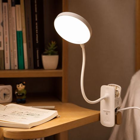 Lampe de lecture LED pince rechargeable USB-C, 3 modes lumière, flexible 360°, télécommande, idéale bureau et chevet (1/4)