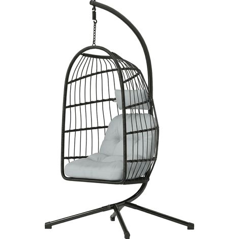 Fauteuil suspendu avec structure, panier suspendu pliable en polyrotin avec coussin, ceinture de sécurité, appui-tête, sangles réglables