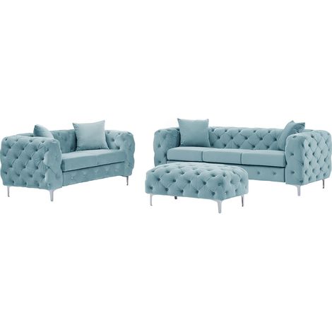 Divano 3 posti, 2 posti e pouf Chesterfield in velluto azzurro pastello - EDWINA