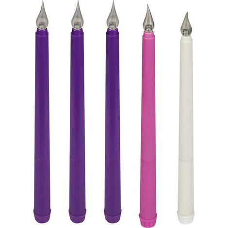 5-teiliges LED-Adventskerzen-Set (flammenlos), Lila, Rosa, Weiß, Kunststoff-Spitzkerzen für Weihnachten, Kirche, Adventskranz, Geschenk – passend zu saisonaler Dekoration (1/5)