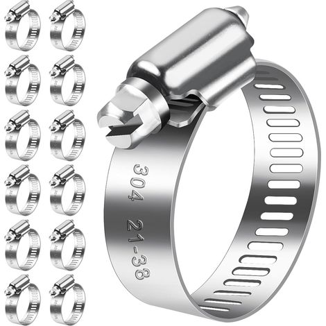 Lot de 12 colliers de serrage 21-38 mm en acier inoxydable 304 - Colliers de serrage réglables pour tuyau de piscine, tuyau de gaz de maison, tuyau d'arrosage (1/5)