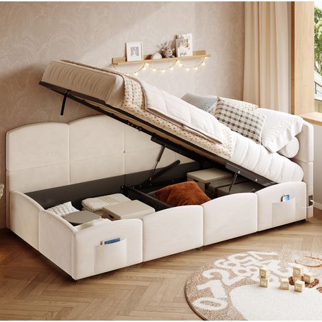 Polsterbett Stauraumbett 90x190 cm mit Gurten, USB- und Typ-C-Anschlüssen in Veloursbeige, ohne Matratze (1/5)