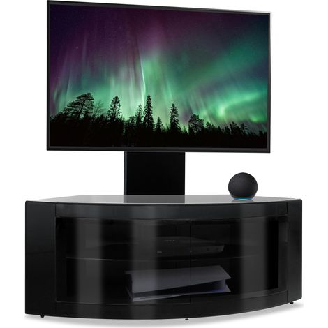 Homeology PANGEA Gloss Black Beam-Thru Curved True-Corner 32"-50" TV Cabinet with Mounting Arm (1/5)