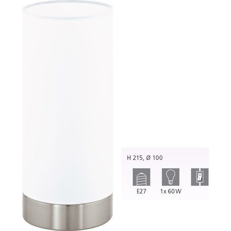 EGLO Lampada da tavolo Damasco 1, lampada da tavolo uno punto luce, lampada da comodino in acciaio, nichel opaco, satinato, bianco, E27, interruttore incl (1/5)