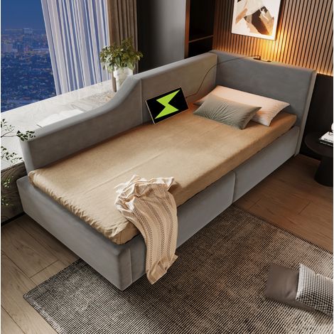 Cama de día tapizada en terciopelo gris 90x200 cm con almacenaje hidráulico, USB-C y luz de lectura (1/5)