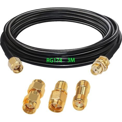 SMA RG174 Extension Cable, 3m Copper, 50 Ohms, 3 RF Adapters, WiFi, Router (1/3)