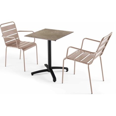 Ensemble table de terrasse stratifié marbre et 2 fauteuils taupe (1/5)
