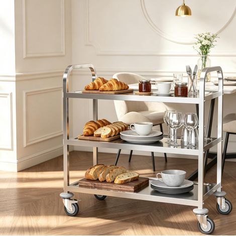 Chariot de service à 3 niveaux avec roulettes, 90,5 x 50,5 x 88,2 cm, acier inoxydable chromé HAVRYA (1/5)