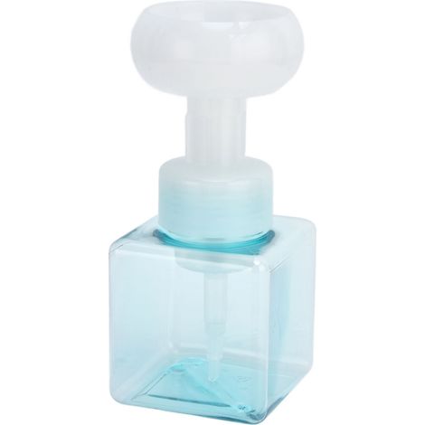Flacon mousseur 250ml PETG transparent bleu pour packaging cosmétique, distributeur de mousse fleur, bouteille carrée (1/5)