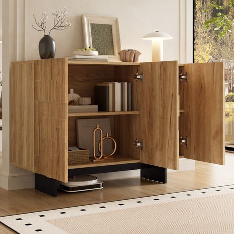 Aparador moderno, 105x33.5x76 cm, diseño geométrico 3D, 3 puertas, baldas regulables, bambú y MDF, natural y negro (1/5)