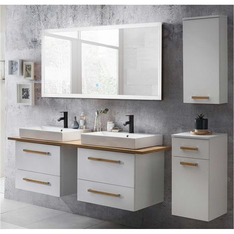 Badmöbel Set mit 165cm Waschtisch & LED-Spiegel DABO-04 weiß mit Eiche Landhaus, B/H/T 210/200/50 (1/5)