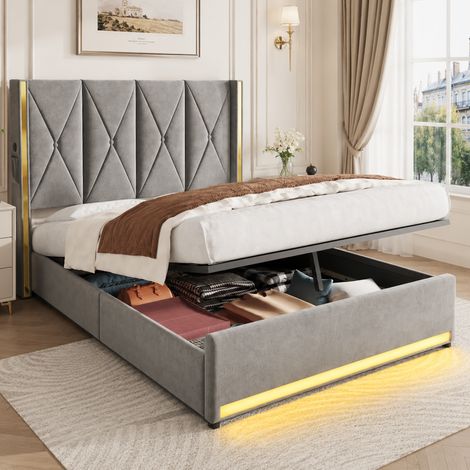 Lit velours 160x200 cm, tête rembourrée matelassée, poches latérales, USB, LED, rangement hydraulique, chambre adulte confortable (1/5)