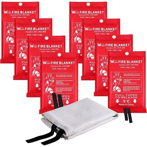 Couverture Anti feu de Survie - Couverture Anti-feu en Fibre de Verre d'urgence pour la Survie Protection Ignifuge et Isolation Thermique 1m x 1m Applicable à Cuisine Barbecue Voiture - 8 Pack (1/5)